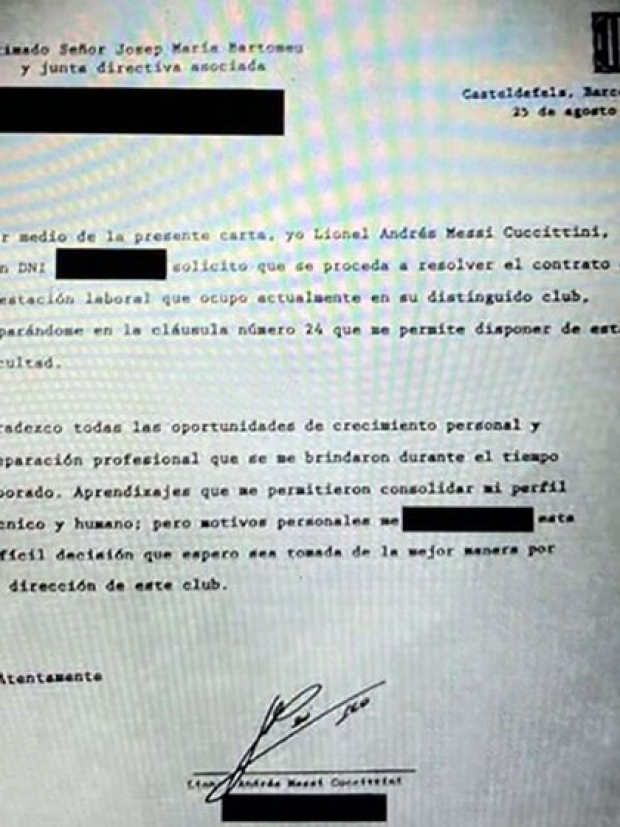 La carta con la que Messi renuncia al Barcelona.