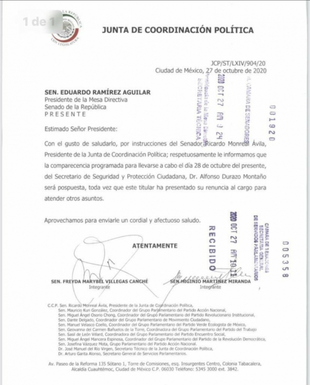 Documento que circula en redes sociales sobre la renuncia de Alfonso Durazo.