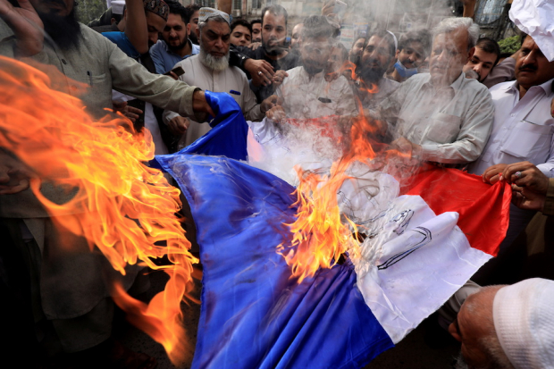 PAKISTÁN: Una multitud coreó consignas mientras prendía fuego a la bandera de Francia y retratos del mandatario francés durante una protesta contra la supuesta ridiculización de Mahoma en la ciudad de Peshawar.