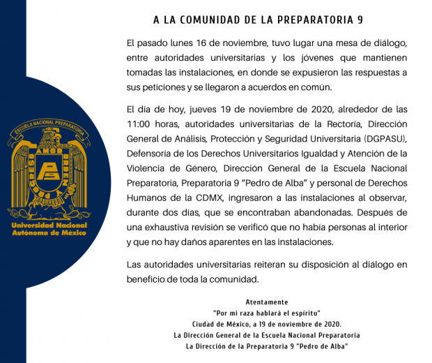 El comunicado de las autoridades de la UNAM.