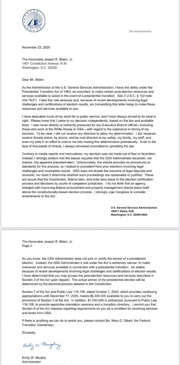 Carta de la Administración de Servicios Generales (GSA) de Estados Unidos.