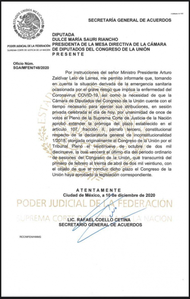 El acuerdo en el cual se informa a la presidenta de la Cámara de Diputados, Dulce María Sauri Riancho, sobre la autorización