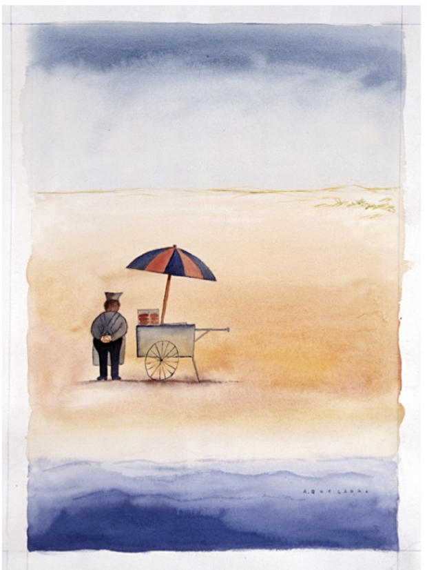 Vendedor de salchichas esperando cliente en la playa #5, acuarela sobre papel. Portada de The New Yorker, mayo, 1987.