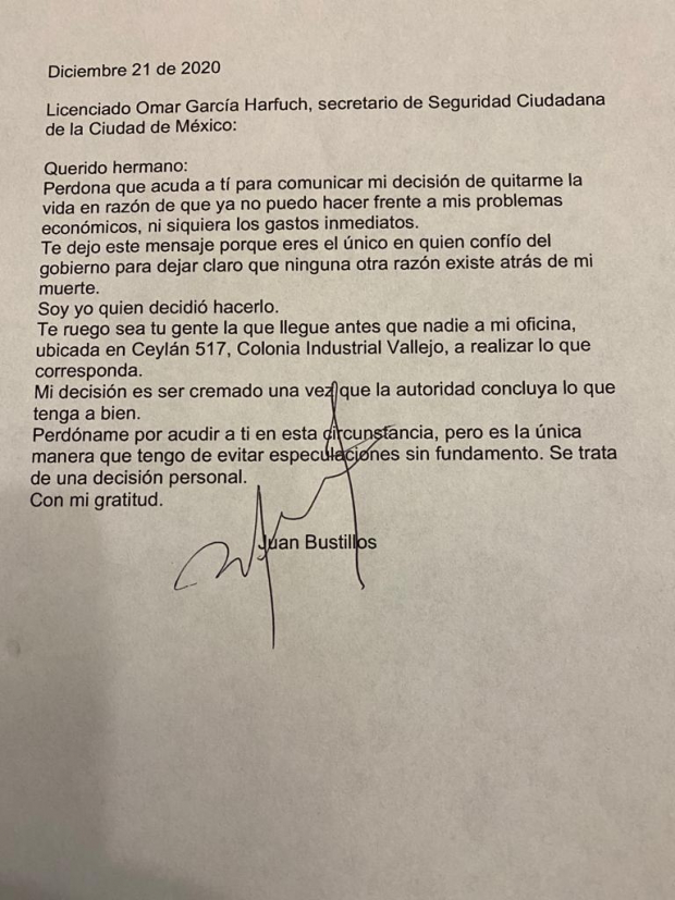 Carta de periodista Juan Bustillos