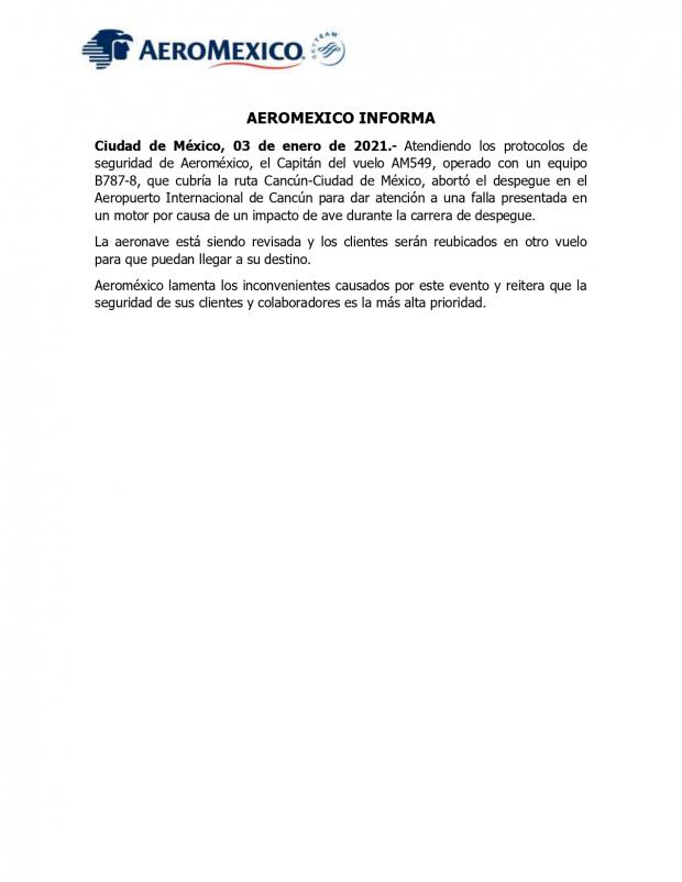 El comunicado del Aeroméxico sobre el accidente.