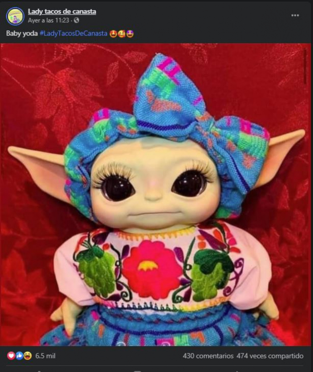 Baby Yoda como Lady Tacos de Canasta