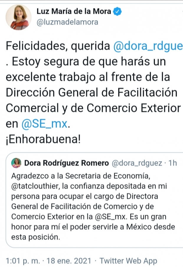 La subsecretaria de Comercio Exterior de la SE, Luz María de la Mora, felicita a Dora Rodríguez por su nombramiento.