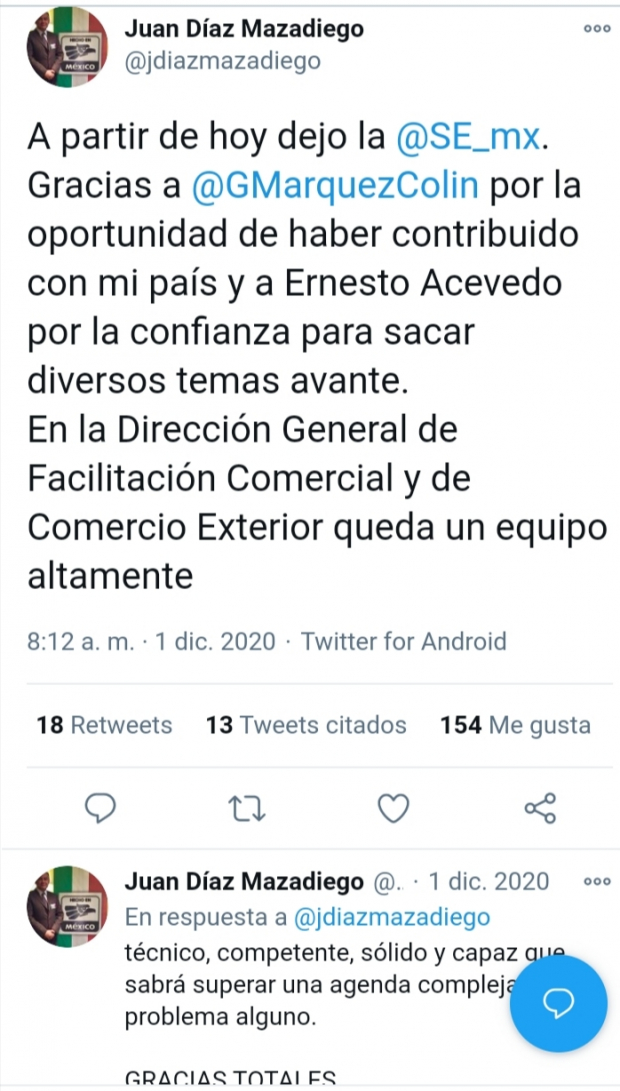 Juan Díaz Mazadiego anuncia su salida de la Secretaría de Economía