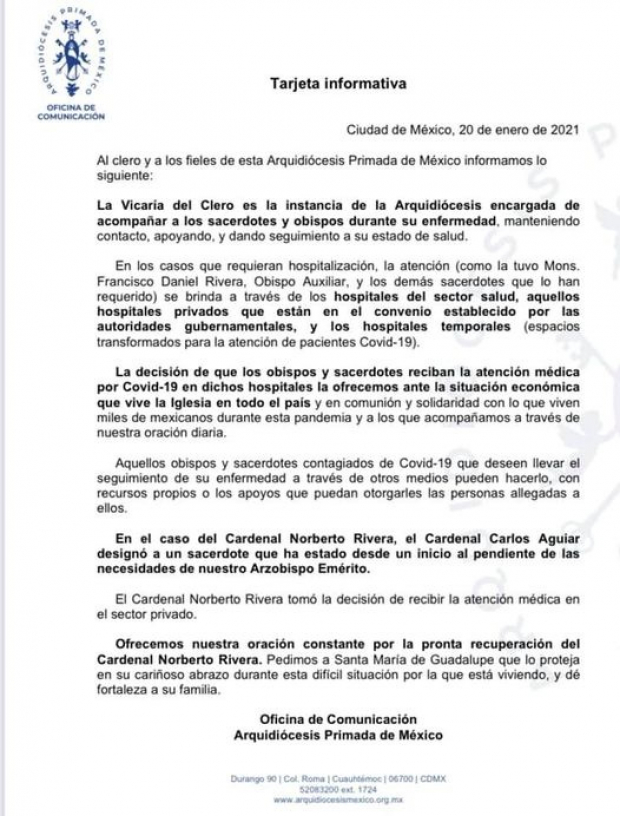 La nota informativa de la Arquidiócesis de México.