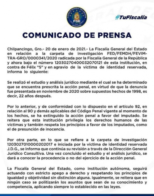 El comunicado de prensa de la Fiscalía de Guerrero.