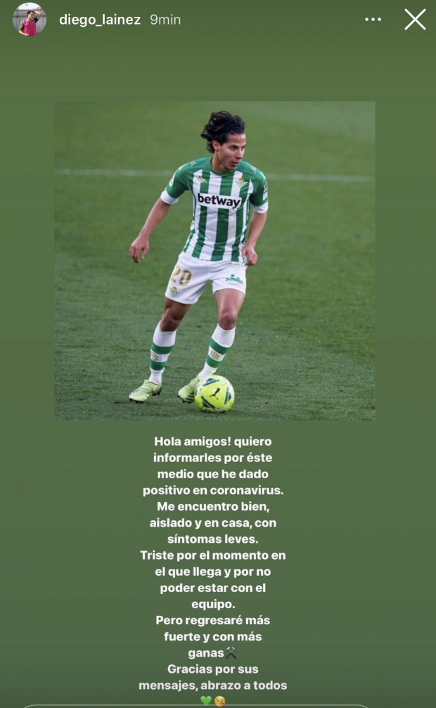 Diego Lainez dio la noticia en su Instagram.