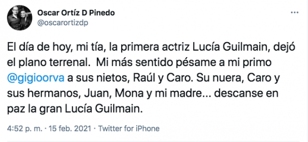 Así despidió su sobrino a Lucía Guilmáin.
