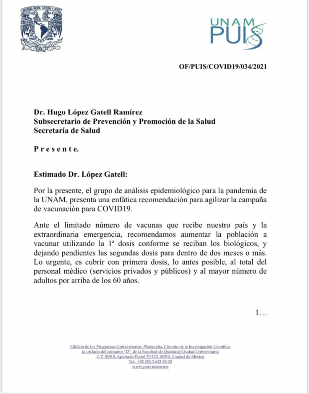 Grupo asesor de la UNAM pide a López-Gatell agilizar vacunación aplicando sólo una dosis