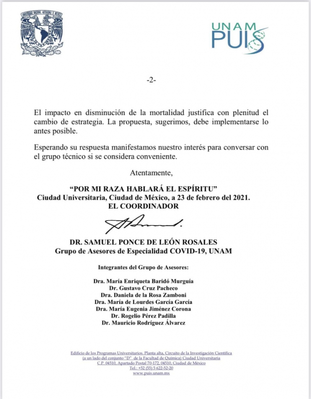 Grupo asesor de la UNAM pide a López-Gatell agilizar vacunación aplicando sólo una dosis