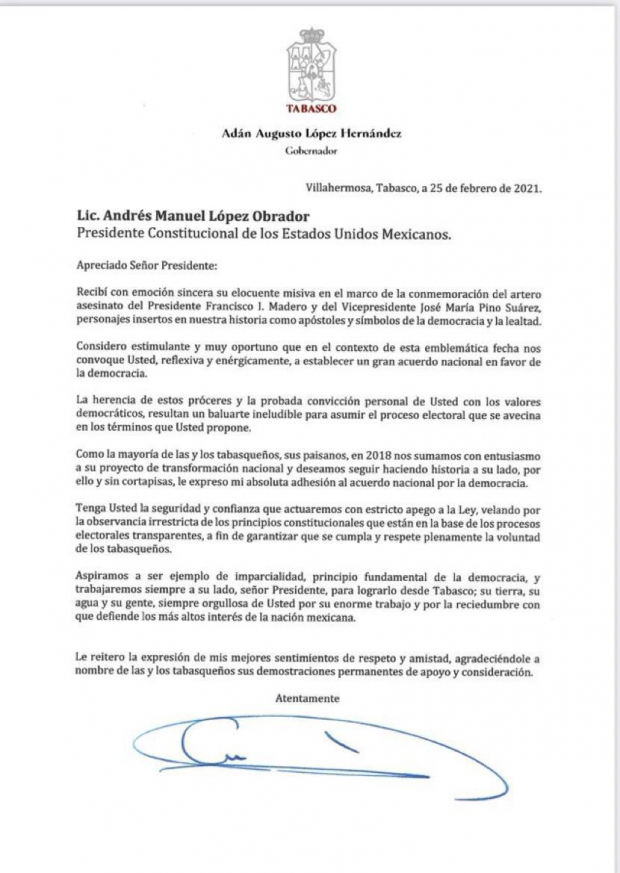 Carta dirigida al Presidente Andrés Manuel López Obrador.