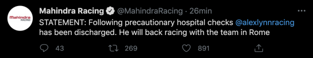 El informe de Mahindra Racing acerca del estado del piloto británico Alex Lynn.