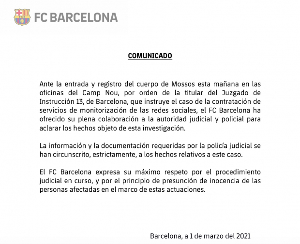 Barcelona da su postura tras las investigaciones por el "Barcagate".