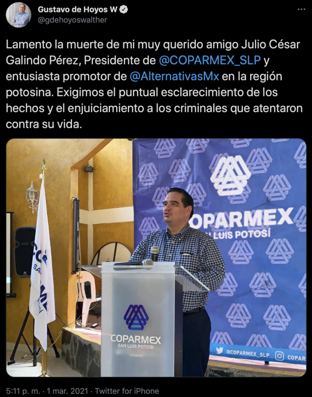 El expresidente de la Coparmex también lamentó el ataque.