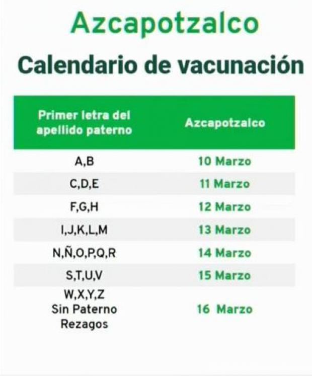 Calendario de vacunación en Azcapotzalco.