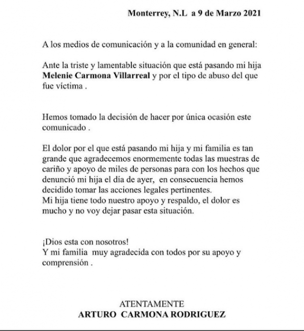 Arturo Carmona, padre de Melanie, aseguró que tomarán acciones legales.