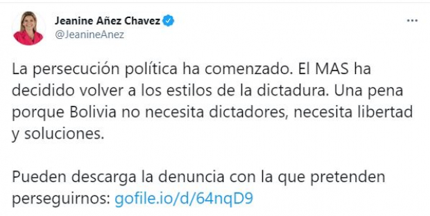 "Bolivia no necesita dictadores", agregó Jeanine Añez.