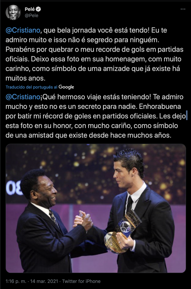 Pele reconoció y agradeció a Cristiano Ronaldo por lo que está haciendo en el futbol mundial.