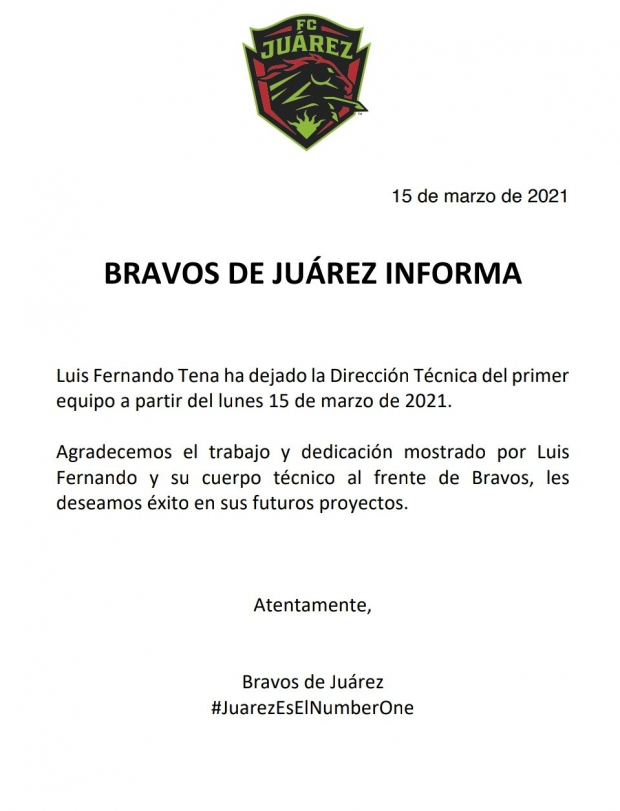 Juárez anuncia el adiós de Luis Fernando Tena.