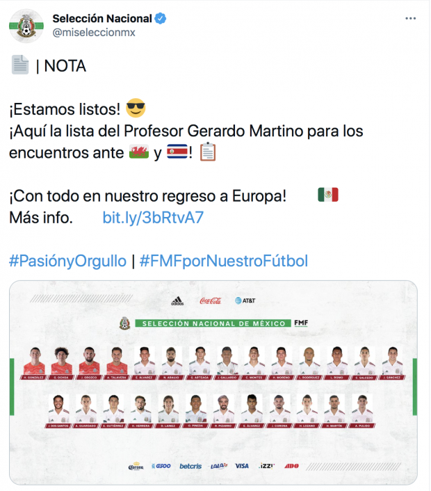 Convocados de México para partidos frente a Gales y Costa Rica.