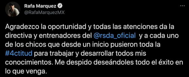 La publicación de Rafa Márquez en su cuenta de Twitter.