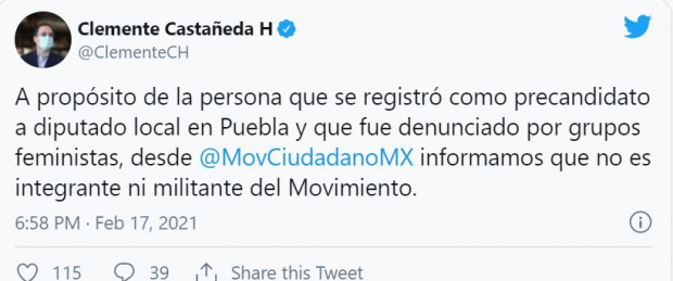 El partido Movimiento Ciudadano canceló el registro de su precandidato a una diputación en Puebla.