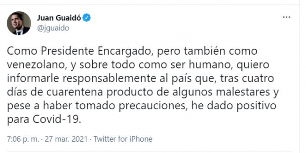 Juan Guaidó se encuentra en aislamiento bajo indicaciones médicas.