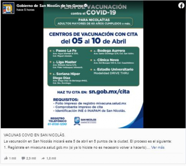 En San Nicolás de los Garza iniciará el proceso de vacunación contra COVID-19 en adultos mayores el próximo 5 de abril.