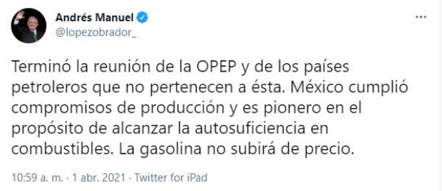 AMLO compartió un mensaje en Twitter tras la reunión de la OPEP