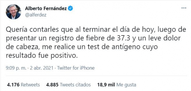 Alberto Fernández se realizó una prueba de antígeno para COVID-19..