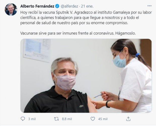 Alberto Fernández recibió la vacuna contra COVID-19 Sputnik V