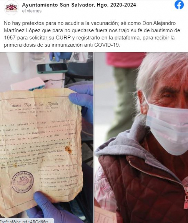 Don Alejandro recibió la primera dosis de la vacuna contra COVID-19.