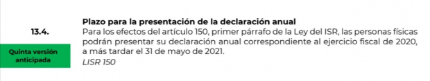 SAT publica versión anticipada de resolución para ampliar plazo hasta el 31 de mayo para que personas físicas presenten la declaración anual 2020.
