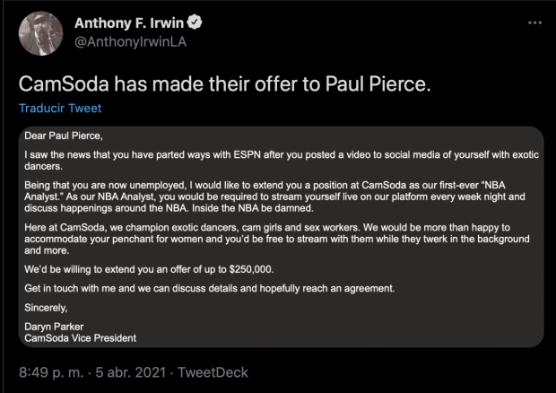 ESPN despide a Paul Pierce por aparecer en un video para adultos.