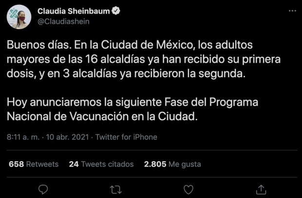 Mensaje en redes sociales de Claudia Sheinbaum, jefa de gobierno de la CDMX.