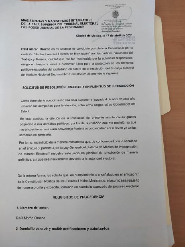 Raúl Morón compartió en sus redes sociales la solicitud que hizo al Tribunal Electoral para que revise su caso.
