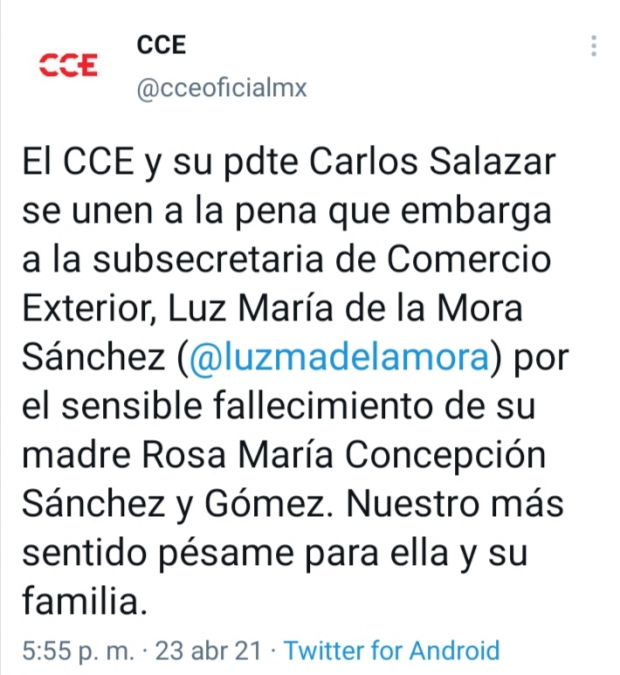 El CCE dio el pésame a la subsecretaria Luz María de la Mora por el fallecimiento de su madre.