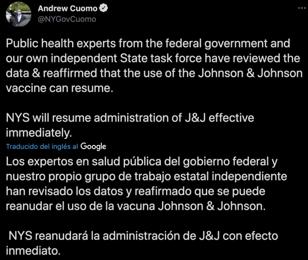 El gobernador de Nueva York, Andres Cuomo, anunció en redes sociales la reanudación de la aplicación de la vacuna J&J.