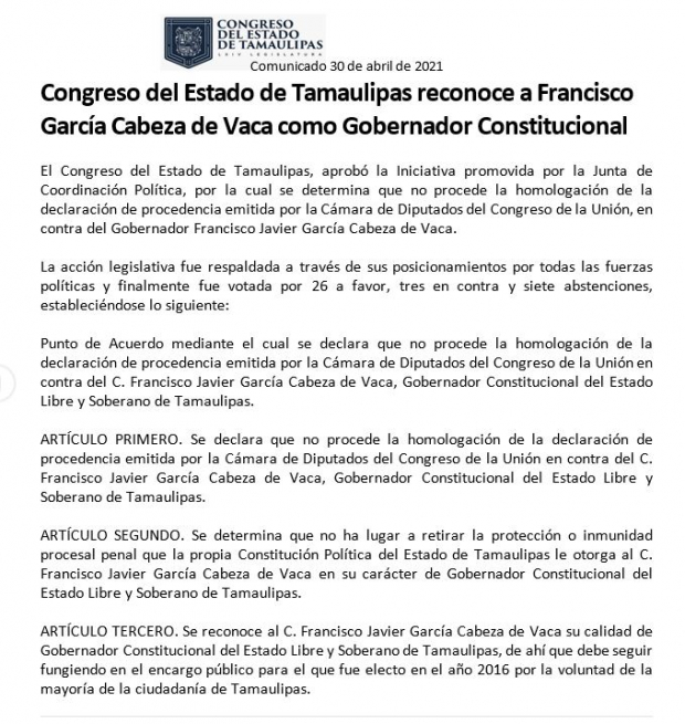 Comunicado del Congreso de Tamaulipas sobre el caso de Francisco García Cabeza de Vaca.
