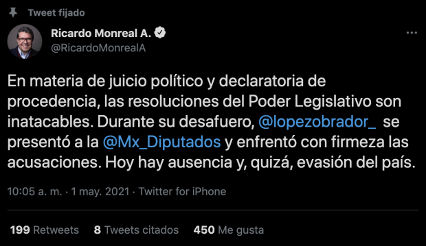 Mensaje escrito por Ricardo Monreal en su cuenta de Twitter.