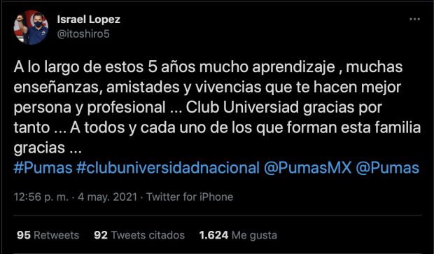 Israel López publicó su adió de Pumas en Twitter.
