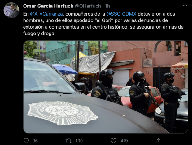 Mensaje publicado por Omar García Harfuch en su cuenta de twitter.