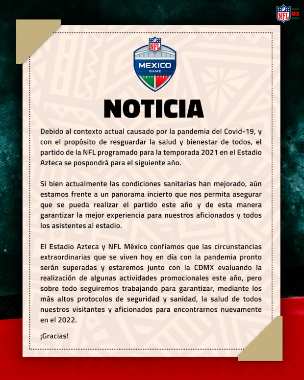 La NFL México anuncia que no vendrá a la Ciudad de México.