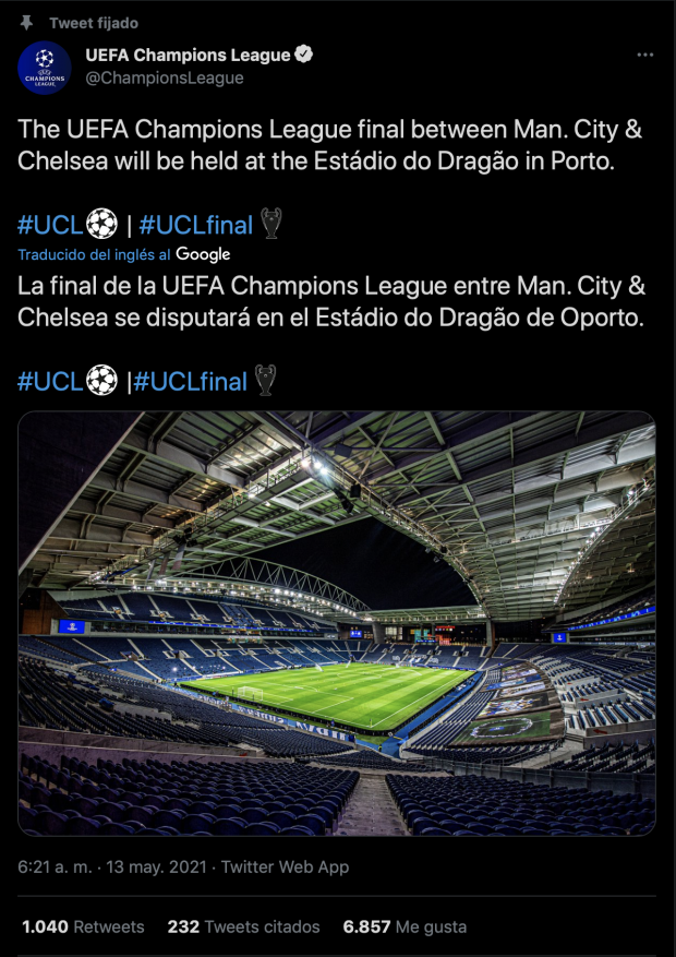 La Champions League decidió cambiar la sede de la final entre Manchester City y Chelsea.