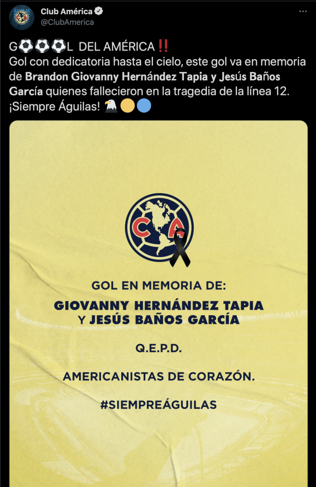 El Club América dedicó el gol de Leo Suárez a sus aficionados fallecidos en la Línea 12.