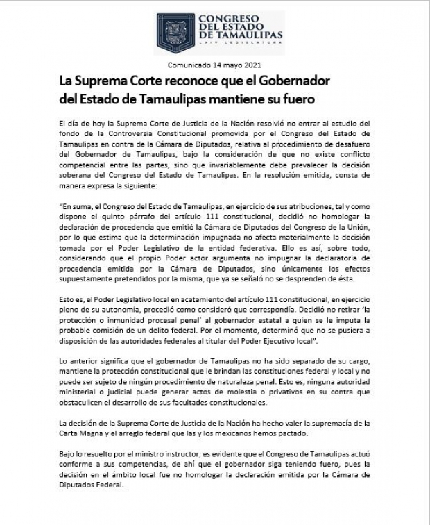 Comunicado del Congreso de Tamaulipas sobre la determinación de la SCJN.